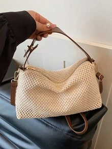 1个白色编织顺滑拉链优质钩金属旋锁时尚百搭休闲纯色简约春夏新款独立波西米亚风女士手提包，适合女性日常使用 - 白色 - 查看 7