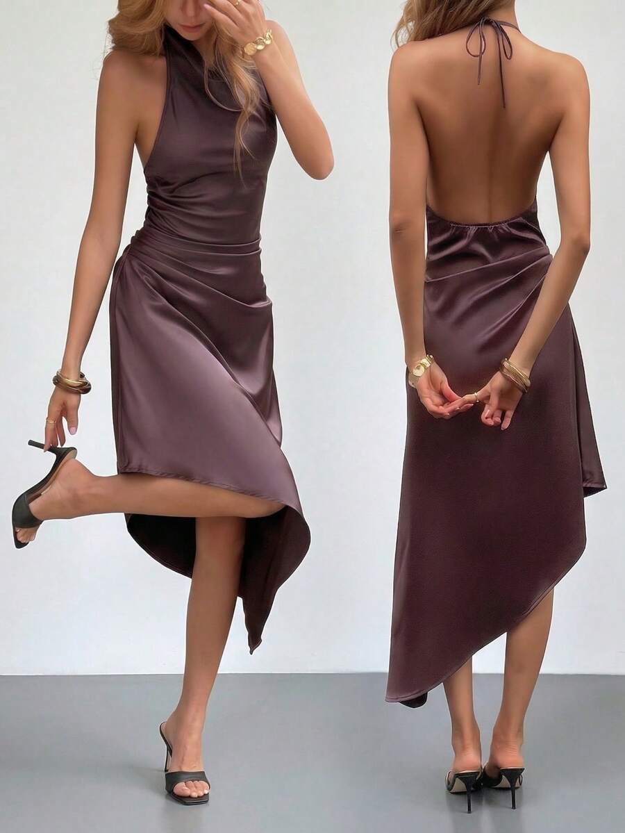 Đầm satin Pháp thanh lịch, cổ xếp ly, lưng hở, eo bất đối xứng, thích hợp mặc hàng ngày, hẹn hò, đi nghỉ mát, dự tiệc, lễ hội âm nhạc. - Cà phê nâu - Xem 1