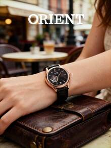 Orient 女士自动机械腕表，玫瑰金表壳，黑色表盘，罗马数字时标，棕色皮表带。神秘优雅的送礼佳品，完美适用于正式场合、晚宴和高档餐厅。 - 棕帶黑盤 - 查看 3