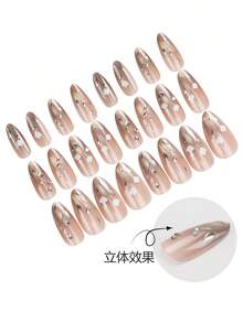 24 片杏仁形/奢华裸色猫眼铃兰长杏仁形美甲贴片，新款中国风/适合日常通勤、聚会和休闲佩戴。 - 彩色 - 查看 3