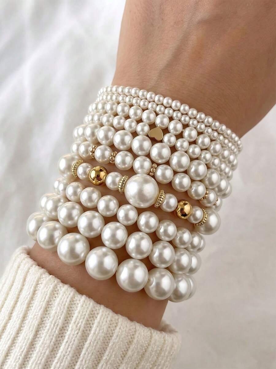 Bộ 10 chiếc vòng tay mạ vàng kiểu Pháp cổ điển thanh lịch, đính ngọc trai giả ABS, mặt dây chuyền hình trái tim, thích hợp đeo hàng ngày, đi làm, đi biển, làm quà tặng Ngày của Mẹ, quà sinh nhật cho bạn gái.