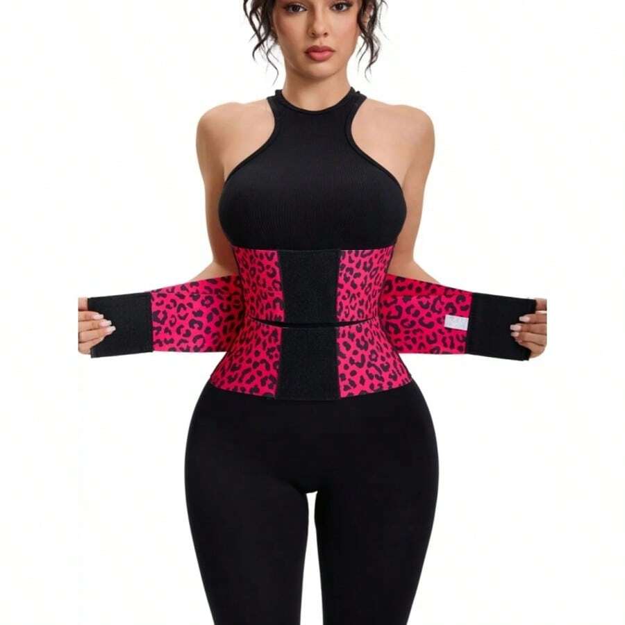 Unisex Leopard Print Waist Trainer Belt, Adjustable Sports Waist Support, Slimming Body Shaper For Workout & Daily Wear - Rose Red - View 1