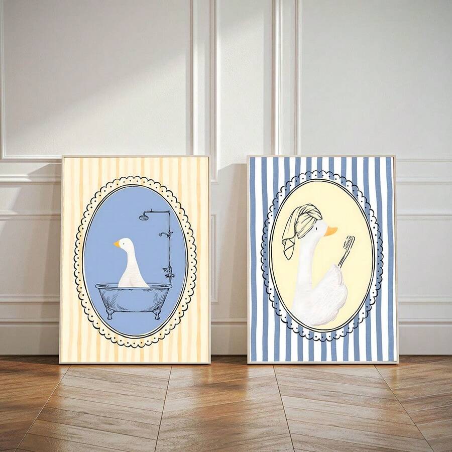 1/2 piezas Pintura en lienzo de arte de pared de baño con pato lindo, póster de ganso a rayas azul y blanco bañándose y cepillándose los dientes, artículo decorativo para el baño de los niños, regalo para damas, sin marco - patrón - Ver 1
