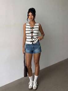 女士性感条纹蝴蝶结针织无袖上衣，夏季度假休闲沙滩日常穿着 - 黑與白 - 查看 1