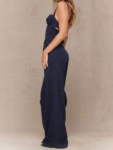 2pcs Set Women Commuting Outfit: Striped Camisole Top + Wide Leg Loose Casual Trousers Summer - Navy Blue - View 3