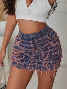 Y2K Retro Carnival Ruffled Layered Denim Mini Skirt, Casual Beach/Resort/Music Festival/Party Wear For Women In Summer - Mauve Purple - View 8