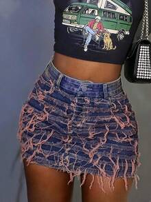Y2K Retro Carnival Ruffled Layered Denim Mini Skirt, Casual Beach/Resort/Music Festival/Party Wear For Women In Summer - Mauve Purple - View 3