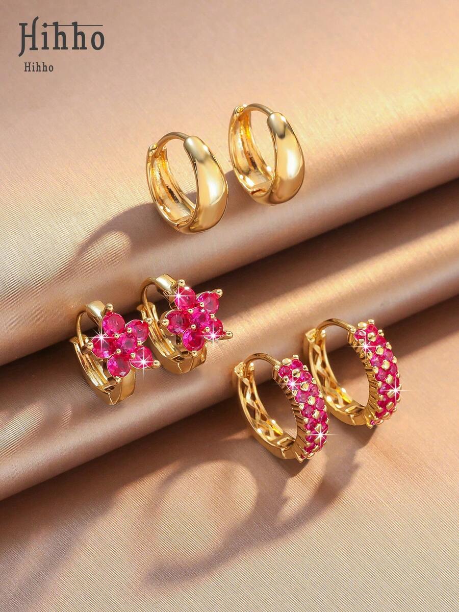 Hihho Set Anting Liontin Bunga Minimalis 6 Buah dengan Hiasan Zirkonia Kubik Mengkilap, Perhiasan Mewah, Hadiah Anting - Yellow Gold - View 1