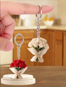 Elegant 2d Flat Acrylic Rose Bouquet Key Ring, Lightweight Flower Key Ring, Valentine's Day Bouquet Pendant, Interesting Decorations, Backpack Accessories, Fashion Pendant, Home Decoration, Car Decoration And Pendant, Headphone Pendant, Bag Pendant, Gifts For Mother, Father, Graduation, And Teacher - Multicolor - View 2