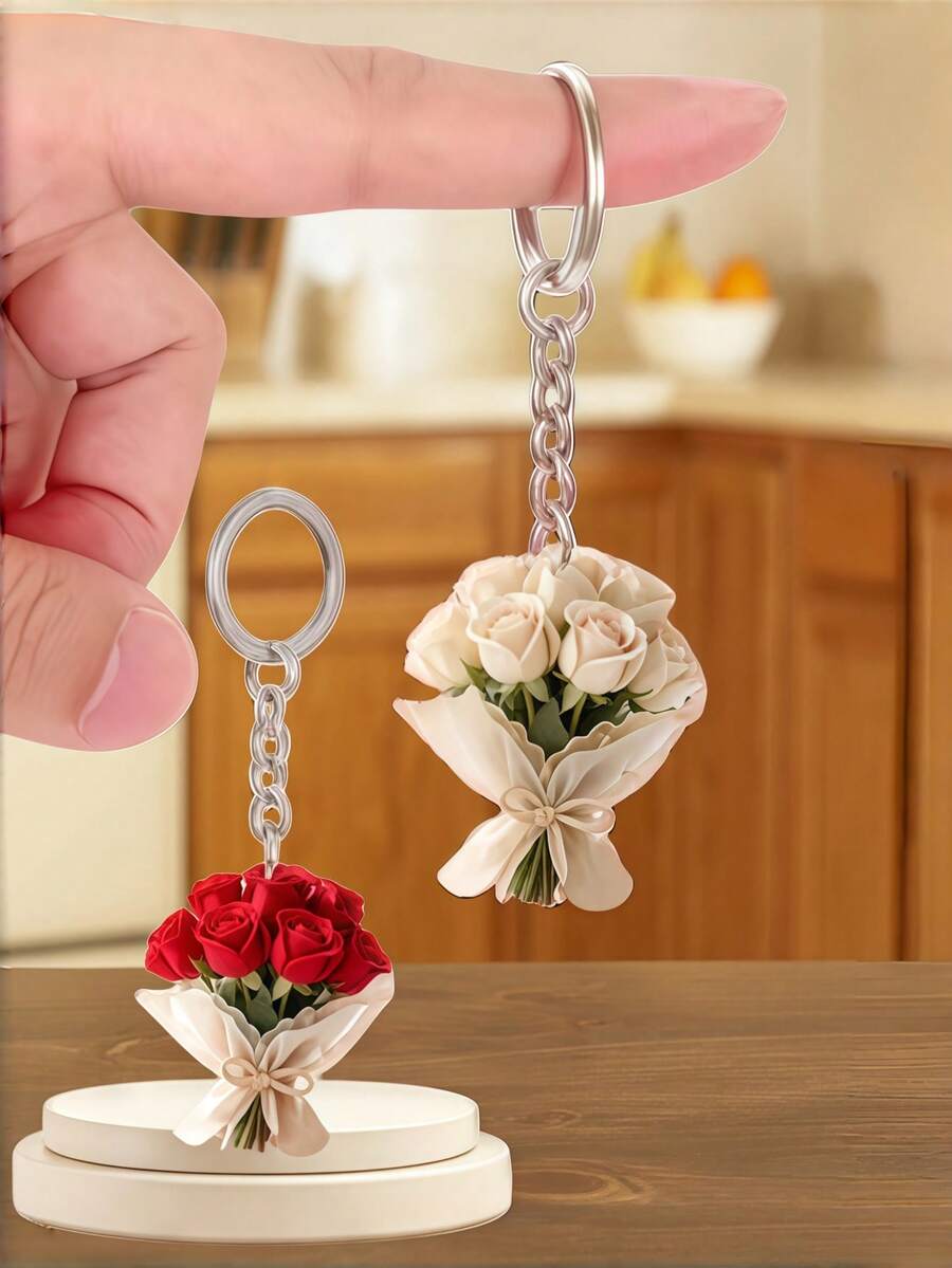 Elegant 2d Flat Acrylic Rose Bouquet Key Ring, Lightweight Flower Key Ring, Valentine's Day Bouquet Pendant, Interesting Decorations, Backpack Accessories, Fashion Pendant, Home Decoration, Car Decoration And Pendant, Headphone Pendant, Bag Pendant, Gifts For Mother, Father, Graduation, And Teacher