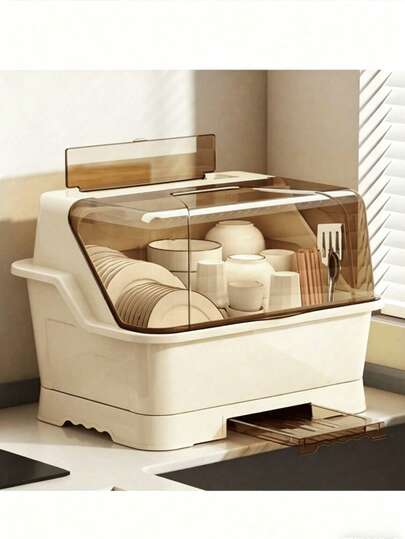Kitchen Dish Rack With Cover, Dish And Cutlery Storage Cabinet With Bowl And Utensil Organizer Box, Dish And Cutlery Household Storage Rack, Storage Box, Cutlery And Dish Storage Box, Dish Storage Rack, Household Kitchen Dish And Cutlery Storage Box With Draining Rack