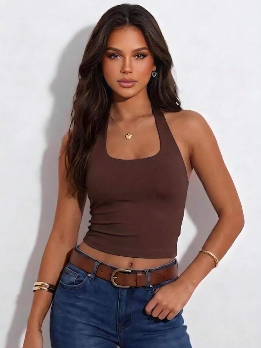 Top de cuello halter de unicolor para mujer, versátil y casual para uso diario en salidas cotidianas. - Café integral - Ver 1