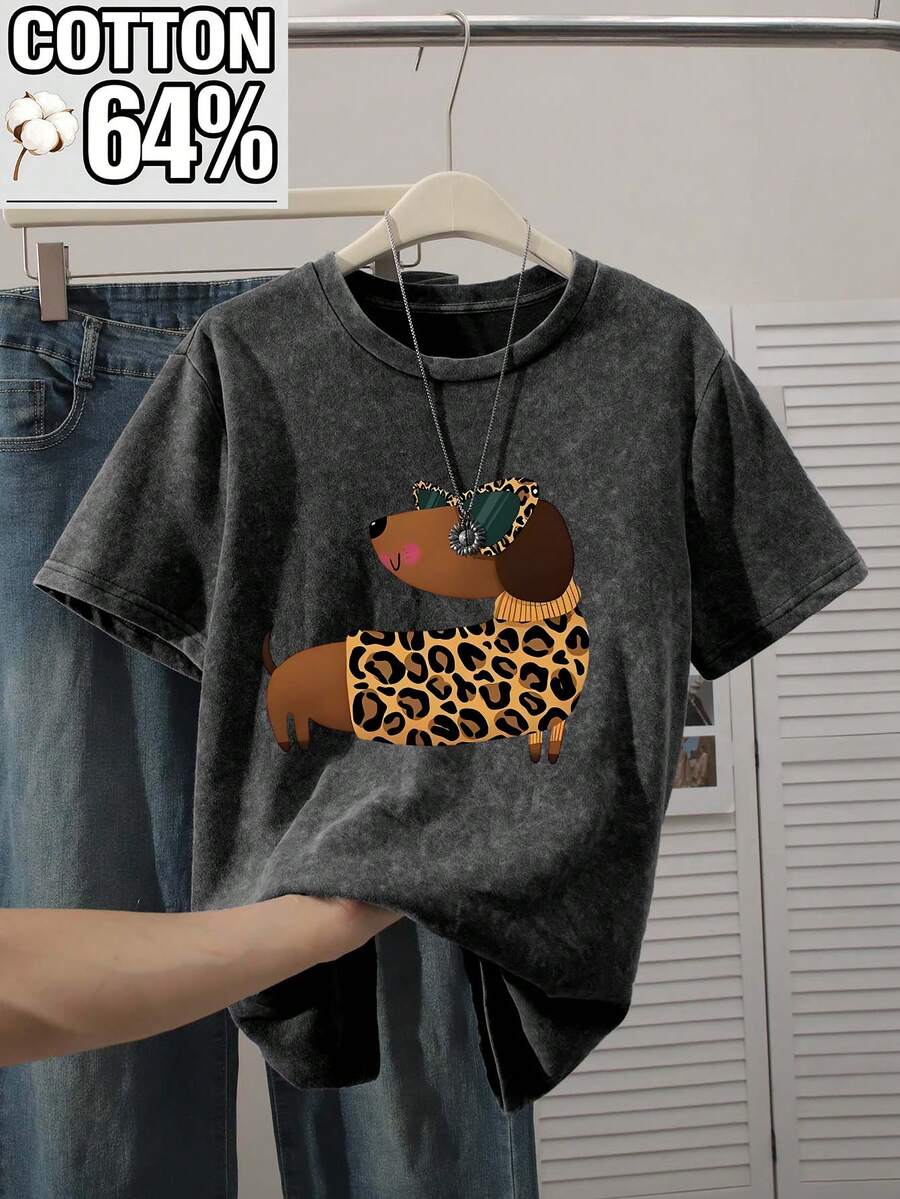 Áo thun cotton dáng rộng, cổ tròn, tay ngắn, chất liệu wash acid, in hình chú chó mặc áo len và đeo kính râm ngộ nghĩnh, phù hợp cho mọi mùa, màu đen mùa hè. - màu đen - Xem 1
