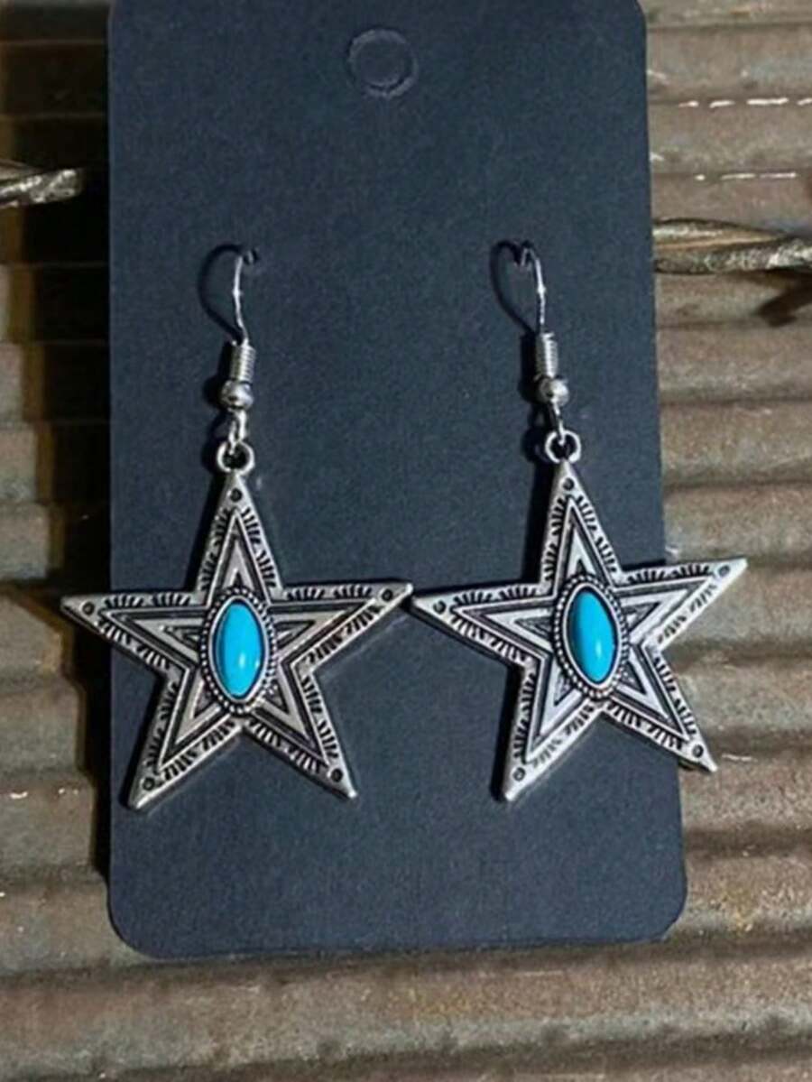 1 Pair Vintage Bohemian Style Pentagram Carved Faux Turquoise Pendant Earrings, Suitable For Women's Daily, Party, Travel Jewelry Gift - Antique Silver - View 1