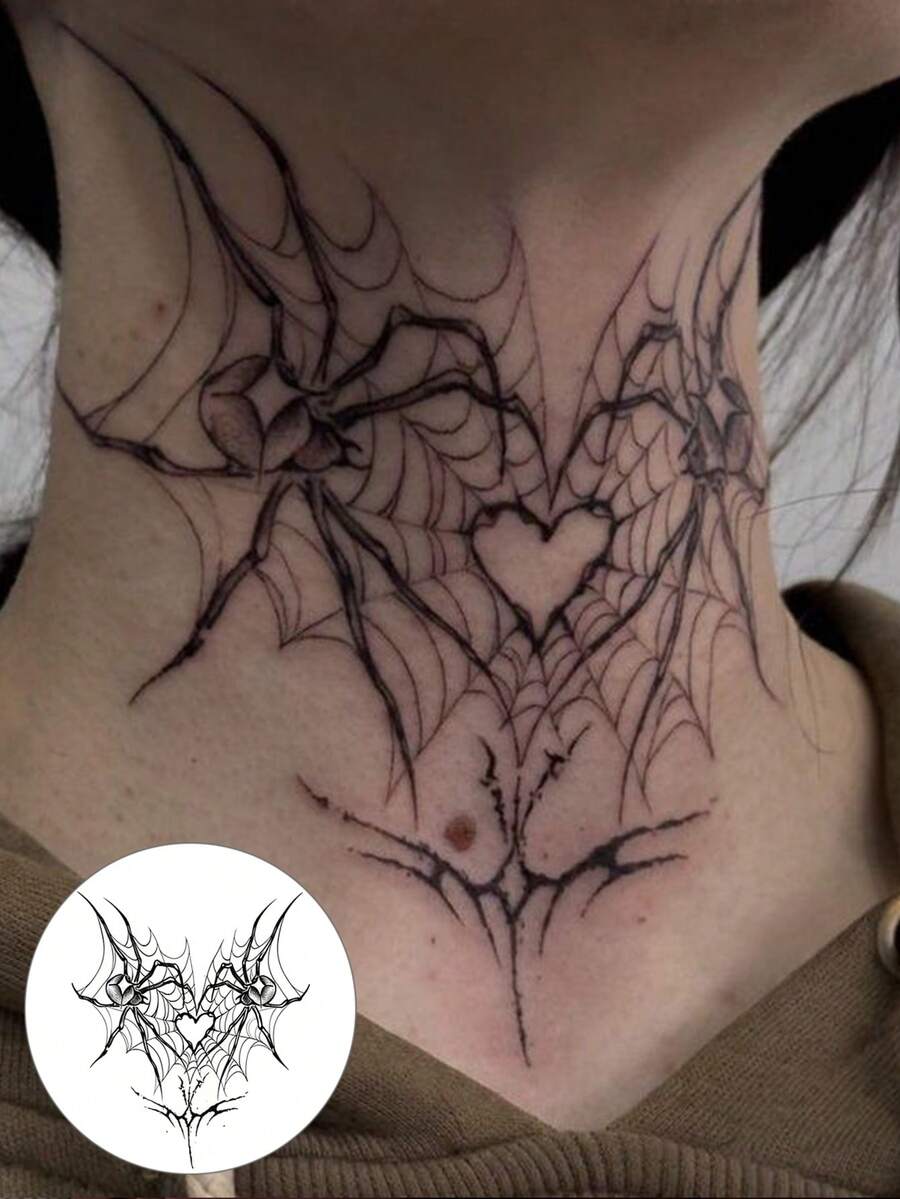蜘蛛心形纹身贴纸，颈部临时纹身，防水，持久，适合万圣节派对，Y2K风格，易于粘贴，黑色，速干，亲肤，逼真不反光，男女通用