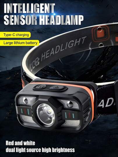 2/1pc Ultra-Light And Portable LED Sensor Headlamp With Multiple Brightness Settings, Waterproof Feature, Adjustable Headband, Long-Lasting Battery Life. Suitable For Various Scenarios Such As Outdoor Night Fishing, Mountain Hiking, Construction Site Maintenance, Emergency Rescue, And Night Riding.