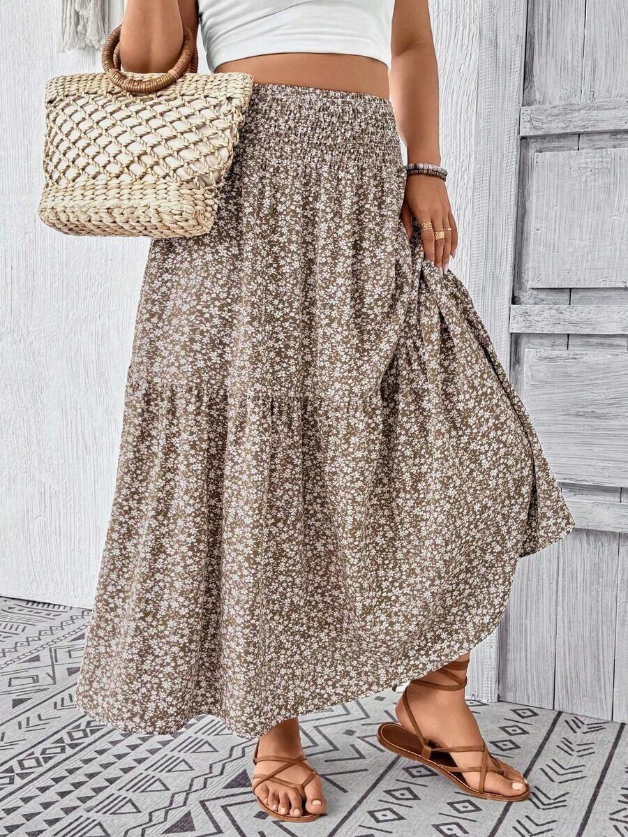 Plus Size Women Ditsy Floral Ruffle Hem Drawstring Waist Casual Midi Skirt, Suitable For Autumn Vacation Summer - 卡其色 - 查看 1