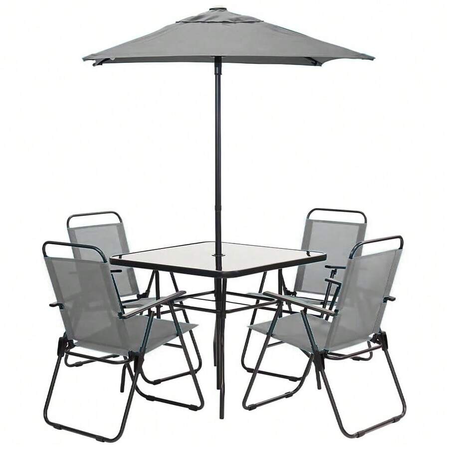 Bakaji Set 6 Pezzi da Pranzo per Giardino con Ombrellone, 4 Sedie Pieghevoli e 1 Tavolo con Ripiano in Vetro Temperato, Resistente Raggi UV, Arredamento Esterno, Patio, Terrazzo - Grigio - Visualizzare 1