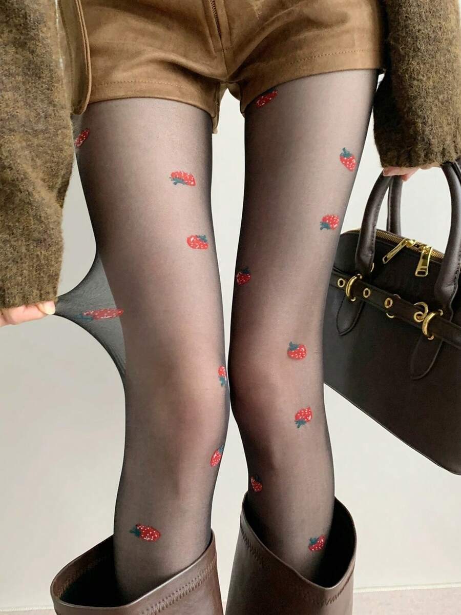 1 Pair White/Black Lightweight Sweet Strawberry Pattern Lolita Style Stockings, Suitable For Spring/Summer - Multicolor - View 1
