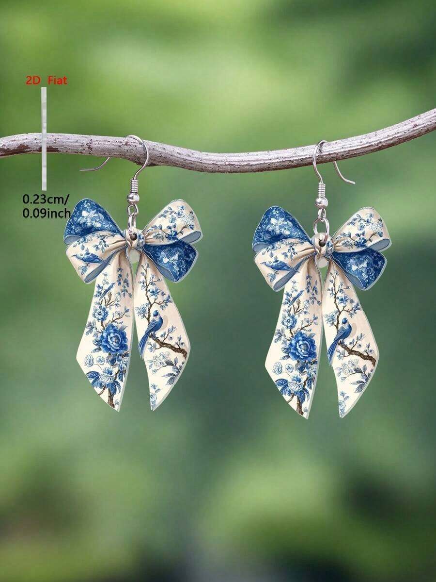 1 Pair 2D Flat Porcelain-Style Butterfly Acrylic Pendant Earrings, Elegant Minimalist Style Jewelry Accessories Suitable For Daily And Vacation Wear - 淺藍色 - 查看 1