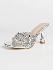 Women's Fashionable Elegant Silver Transparent Sparkling Rhinestone Decor Mule High Heel Sandals - Slip-On Square Toe Stiletto Heels, Charming For Summer Wedding Party Events Runway Daily Outdoor Wear - Silver - View 7