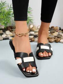 New Fashion Square Toe Flat Sandals For Women - Black and White - View 6