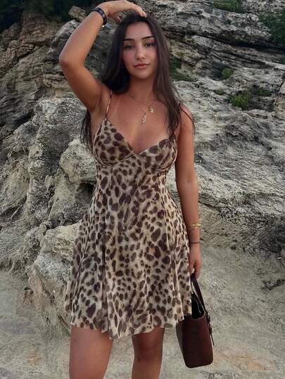 DEEKA New Spring/Summer Women's Leopard Print Chiffon Sexy Mini Dress Elegant Vacation Party