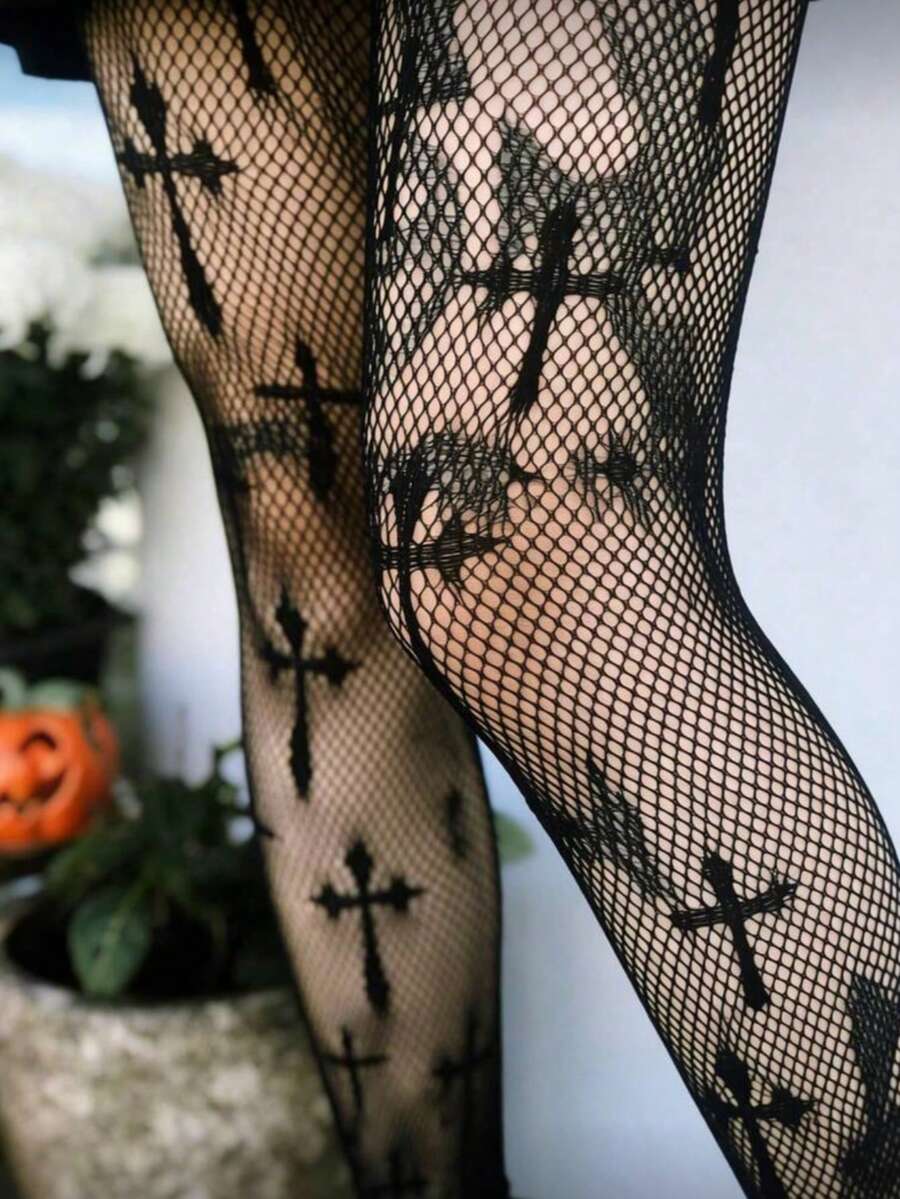 1双朋克哥特十字图案渔网过膝长筒袜，镂空性感透明高腰连裤袜（女士款） - 彩色 - 查看 1