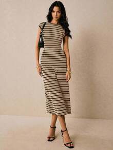 Vestido ajustado de mujer con rayas de moda, de verano - Marrón - Ver 1