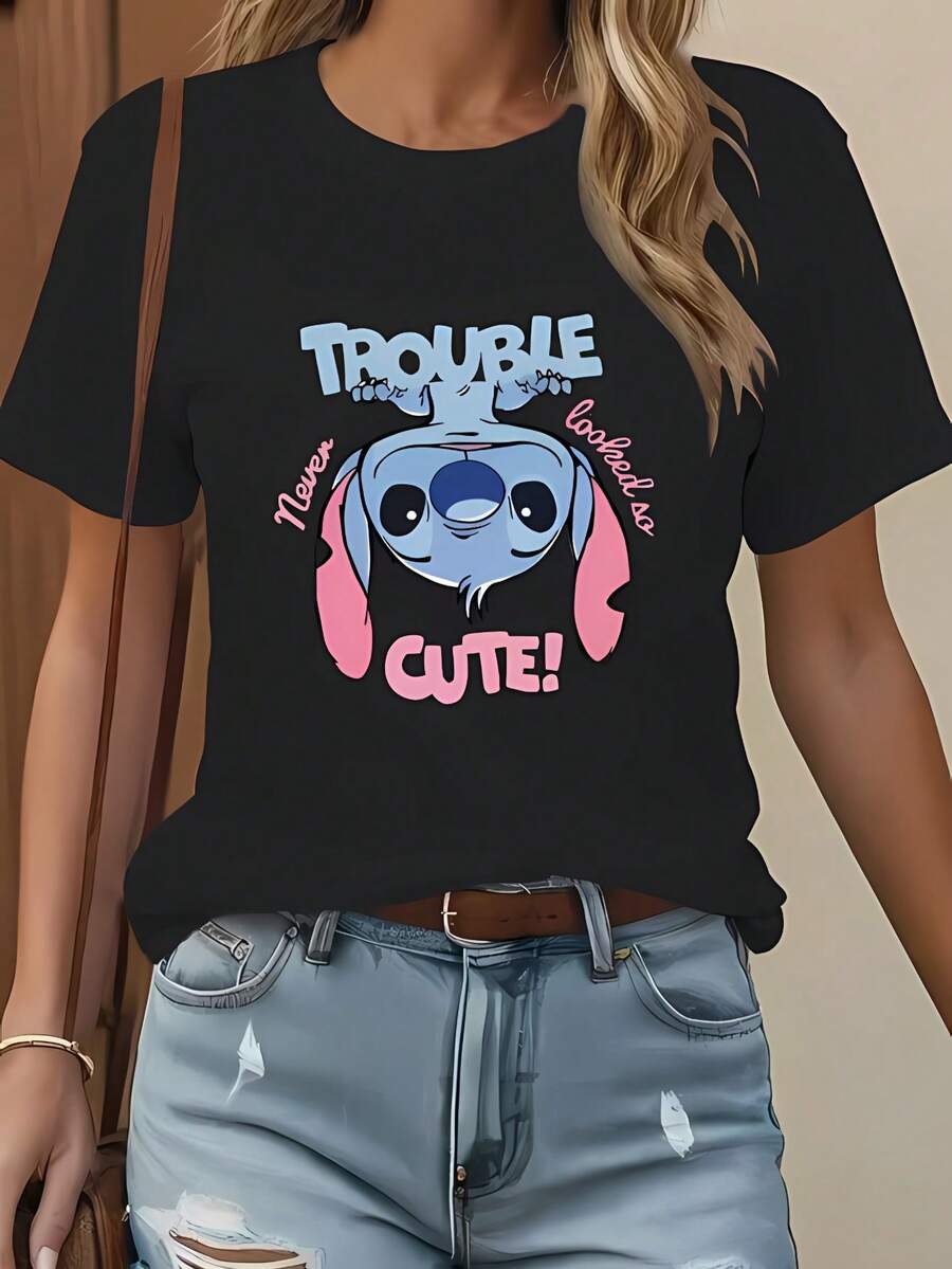 Disney Women'S Casual Short-Sleeve T-Shirt Featuring A Popular Disney Stitch Design, Perfect For - 黑色 - 查看 1