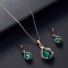 Ladies' Elegant Water Droplet Pendant Necklace Earring Set, Perfect For Weddings, Anniversaries, And Parties - Green - View 7