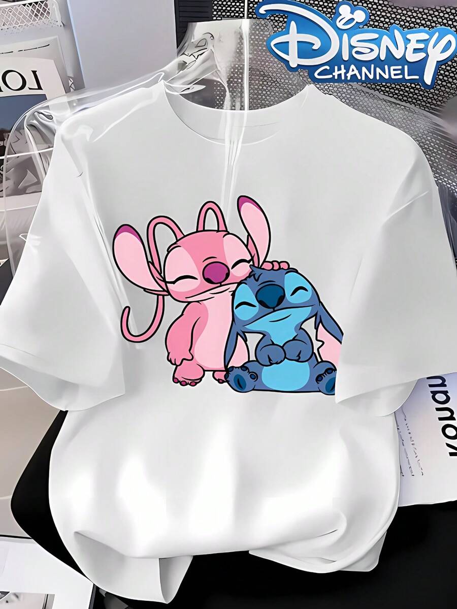 The Official Disney- New Women's Casual Ribbed Round-Neck Short-Sleeved Stitch And Angel Theme Printed Casual And Versatile Retro Women's T-Shirt Is Suitable For Spring, Summer And Autumn. Available Sizes: XS-XXL - trắng - Xem 1