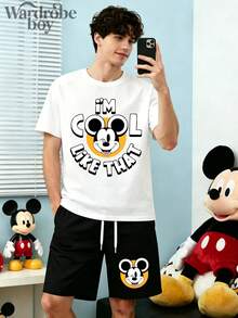 Disney Licensed Short-Sleeve Printed T-Shirt And Shorts Set, Men's Two-Piece Set, 'I'm Cool Like That' Mickey Mouse Funny And Quirky Facial Expression Cartoon Print T-Shirt And Shorts Set, Suitable For Family Outings And Vacations. Unisex. Comfortable And Breathable. - 黑色+白色 - 查看 1
