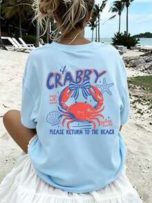 Women's If Crabby Please Return To The Beach Salty Graphic T-Shirt Double-Sided Print Oversized Casual Summer Tops Vacation Outfits Casual - 淺藍色 2 - 查看 4