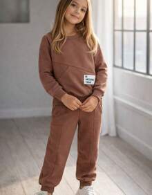 Children's Fleece Set, Warm For Cold Weather, Jacket And Pants, Ribbed Cuffs On Pants And Jacket, Pocket On Jacket And Front Pocket On Jacket - Óxido marrón - Ver 1