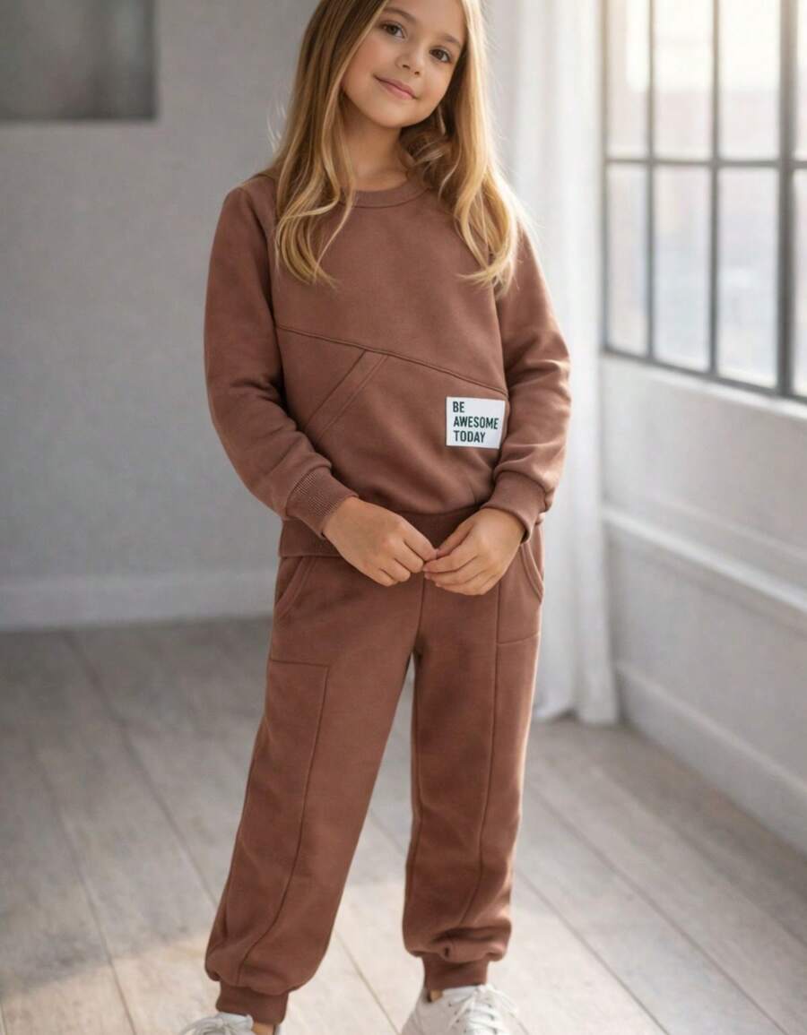Children's Fleece Set, Warm For Cold Weather, Jacket And Pants, Ribbed Cuffs On Pants And Jacket, Pocket On Jacket And Front Pocket On Jacket - Óxido marrón - Ver 1