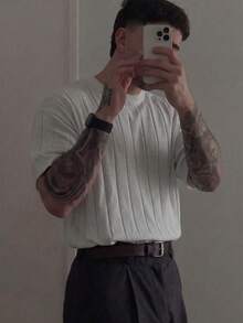 男士罗纹圆领短袖针织衫，春夏款 - 白色 - 查看 3