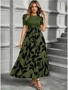 Women's Printed Maxi Dress Short Puff Sleeve Crew Neck Tie Waist Casual Long Dress For Daily Wear Party - 軍綠色 - 查看 4