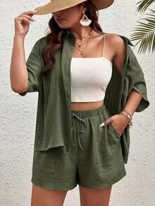 Women's Plus Size Green Woven Fabric 2-Piece Set, Short Sleeve Polo Collar Button Shirt Paired With Drawstring Shorts, Summer Casual Outfit Elegant - Dark Green - View 10