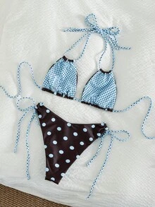 Bộ bikini chấm bi màu xanh dương, nâu và xanh nhạt kiểu cổ điển - Áo tắm hai mảnh gợi cảm với cúp ngực tam giác, dây buộc cổ có thể điều chỉnh, đồ bơi mùa hè đi biển. - xanh nâu - Xem 3