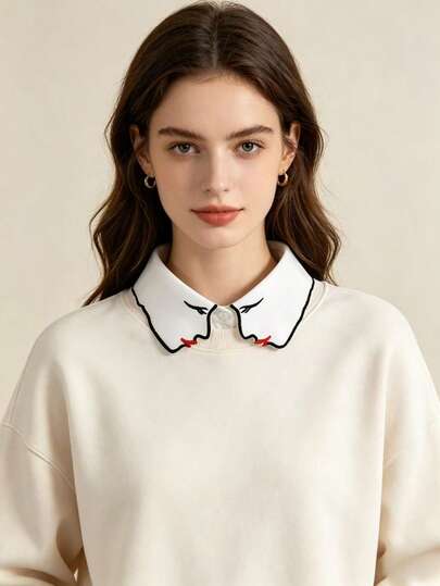  1pc Detachable Artistic Face Embroidery Collar, Available In Black & White, A Fashionable Item Suitable For Pairing With Sweaters, Shirts And Cardigans