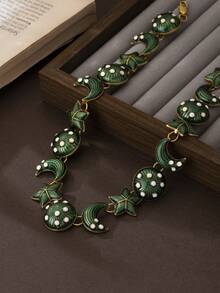 1 Set de Pendientes y Collar Vintage Retro con Estrella y Luna, Conjunto de Joyas de Diseño Único - Verde - Ver 6