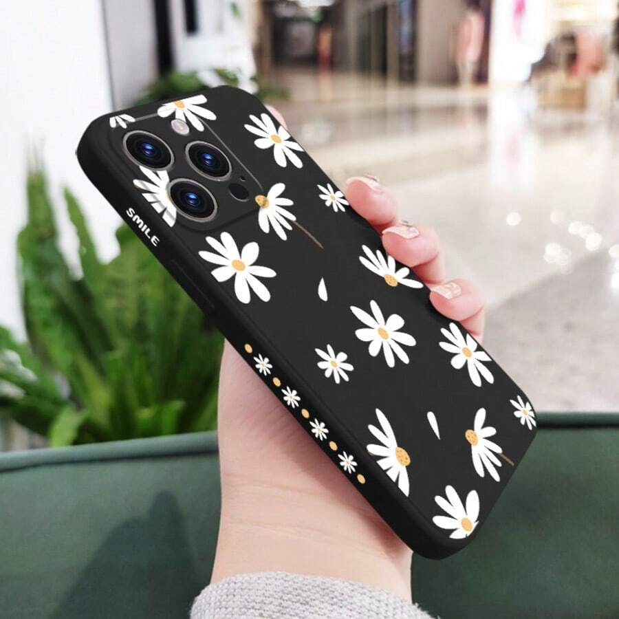 Funda de silicona líquida con patrón de margarita, a prueba de golpes y suave, compatible con iPhone/Galaxy/X//Note/ - Negro - Ver 1