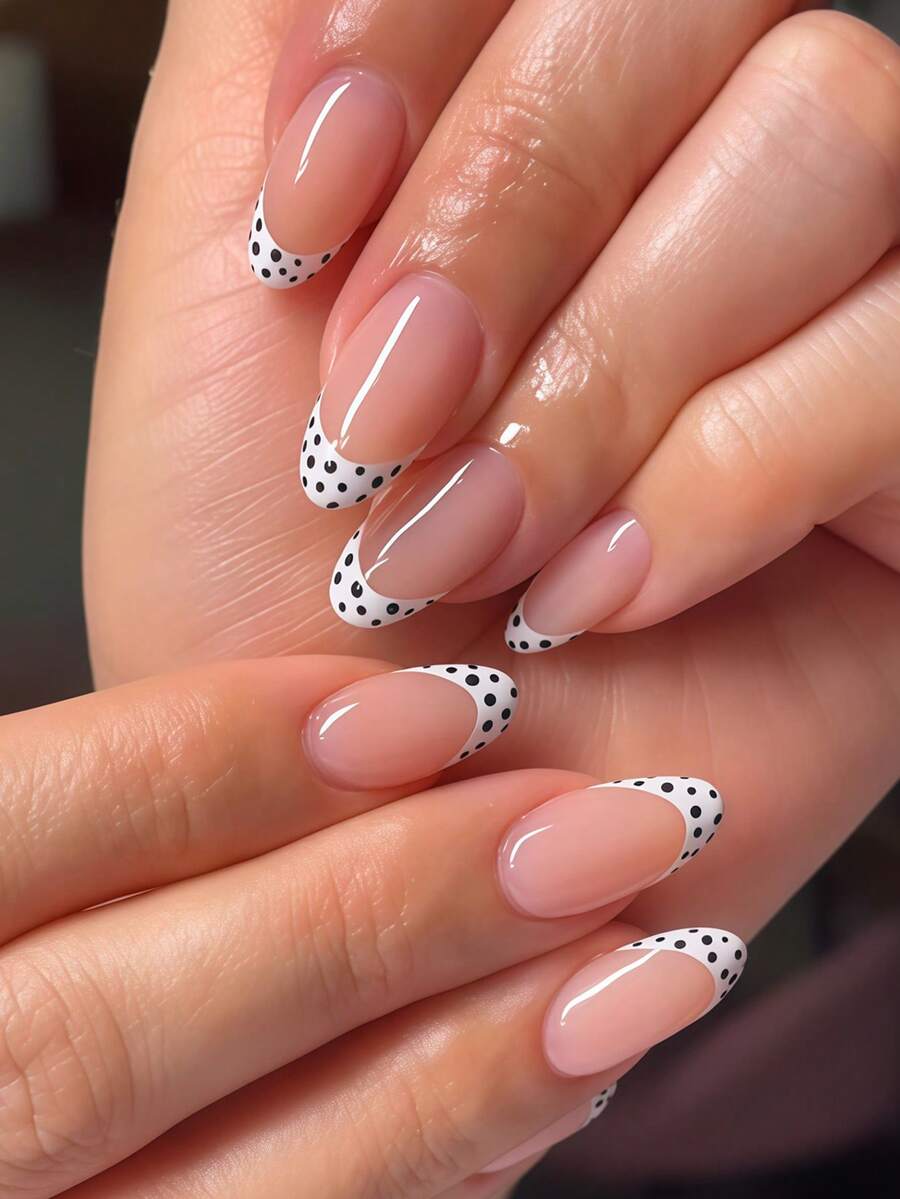 24pcs Oval & Square Press-On Fake Nails, Y2K Polka Dot, French Manicure Pink, Full Cover Artificial Nails Suitable For Women & Girls, Includes 1pc Jelly Gel And 1pc Nail File, Random Delivery - White - View 1