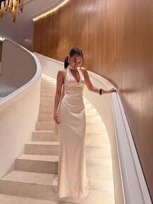 Sleeveless Halter Bridesmaid Dress, Elegant Sexy Long Dress With Backless Tie Design Wedding Fall - Champagne - View 4