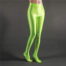High Waist Sheer Opaque Glossy Yoga Dance Leggings Plus Size 7050 Seamless Footed Tights For Women - 螢光綠 - 查看 4