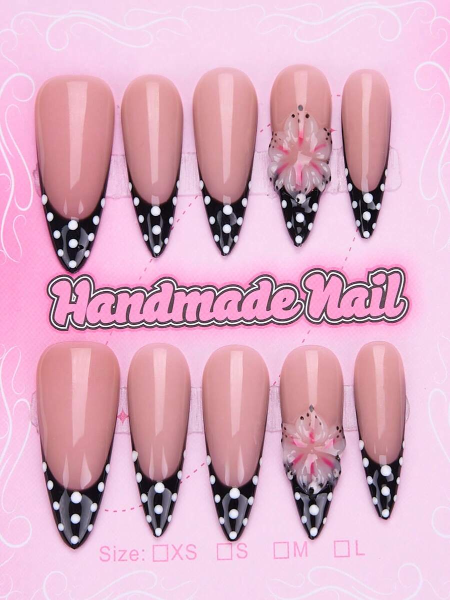 10Pcs Handmade Press On Nails, Long Almond Fake Nails With Black Polka Dot French Tip, Nude Base & 3D Flower Accent, Full Cover Glossy False Nails For Women, Y2K & Party Nail Art Supplies - Multicolor - View 1