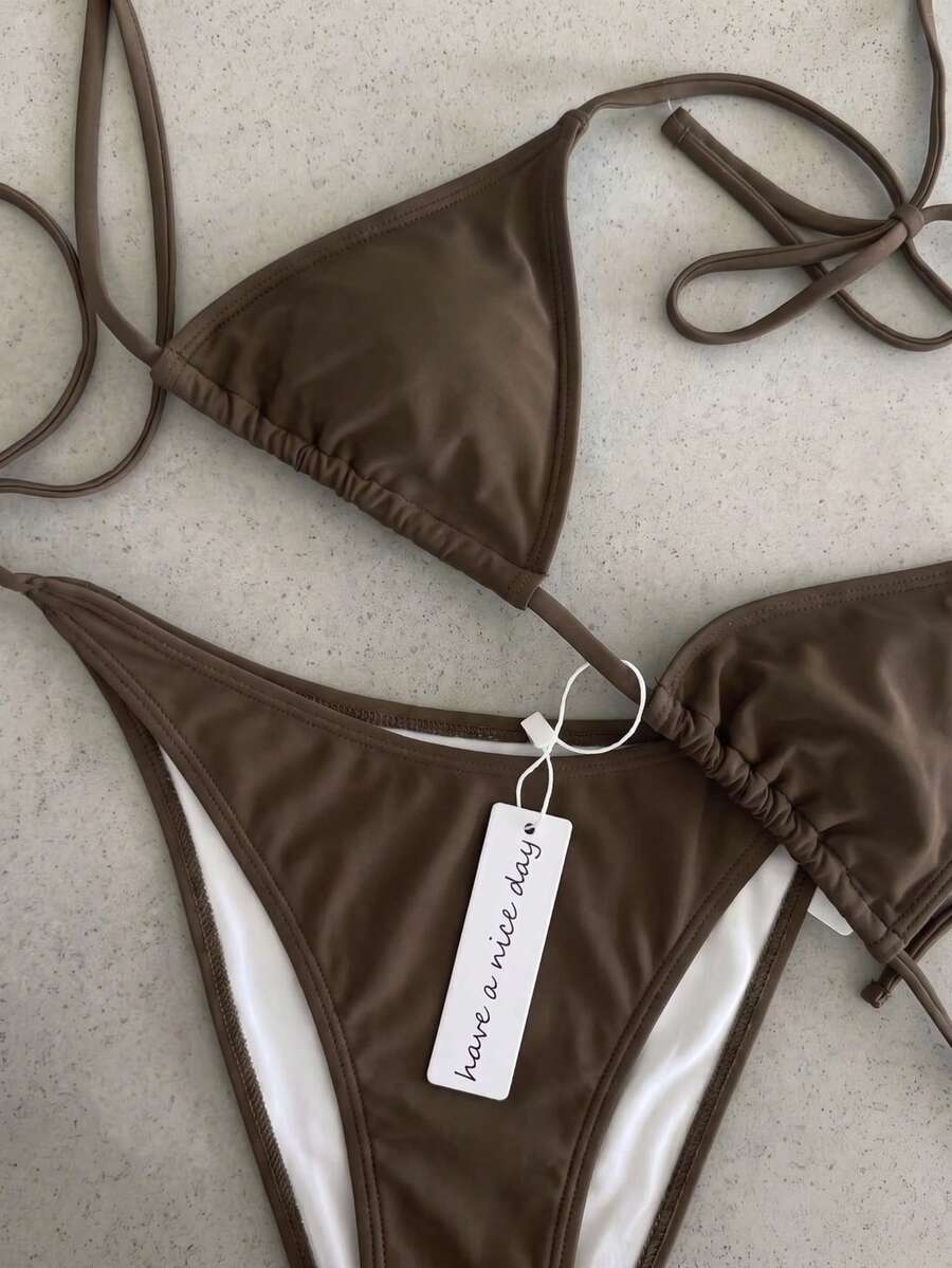 Retro Solid Coffee Color Knotted Bikini Set, Sexy Push-Up High Waist Fitted 2 Pieces Swimsuit, Suitable For Women Summer Vacation - MultiWarna - View 1