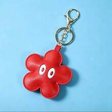 1Pc Cute Red Flower Shaped Leather Keychain, Funny Face Bag Charm, Sweet Accessory For Girls - Multicolor - View 2