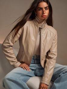 Giolshon Women's Autumn/Winter PU Leather Jacket, Street Style Design With Zipper Pockets, Suitable For Urban Commuting And Travel, Combining Fashion And Practicality - Màu Khaki - Xem 4